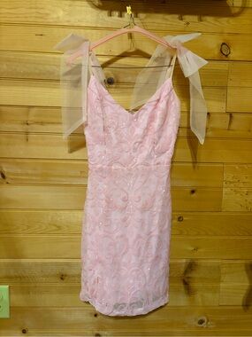 Windsor Pink Lace Mini Dress with Organza Bow Straps